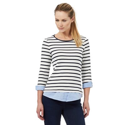 Maine New England Navy chambray trim striped print top